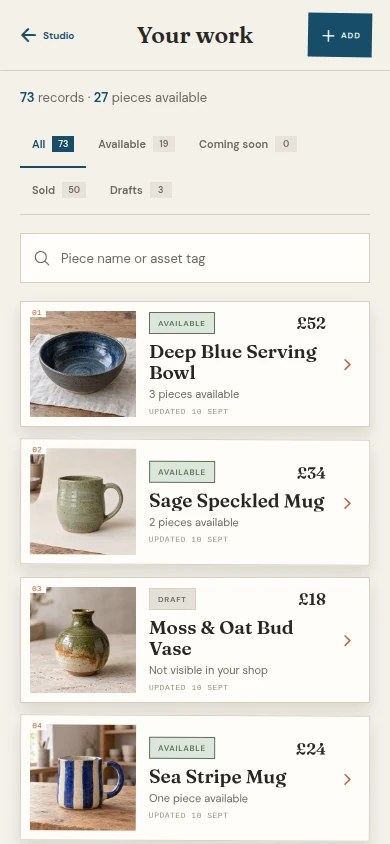 Wheelhouse inventory showing pottery photos, prices, available quantities and draft listings.