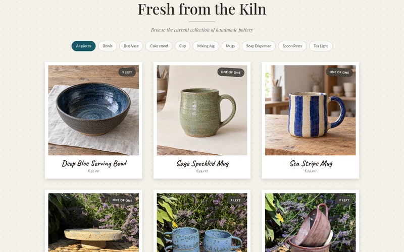 A Wheelhouse shop with pottery photographs, category filters, prices and remaining stock.