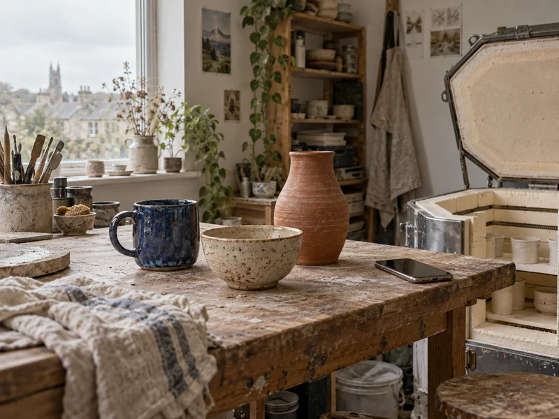 A cobalt mug, speckled bowl and terracotta vase beside an open kiln